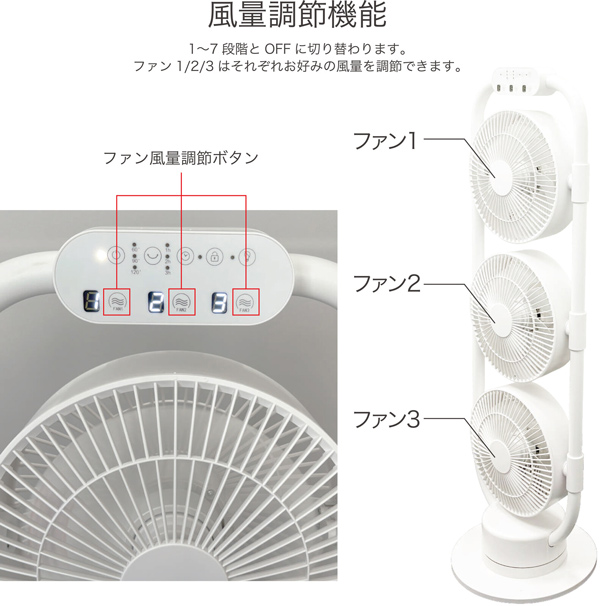 サーキュレーター 扇風機 3連サーキュレーターファン DCモーター リモコン 角度調整 風量個別設定 首振り機能 ナイトモード キーロック お手入れ簡単 RM-232H_5
