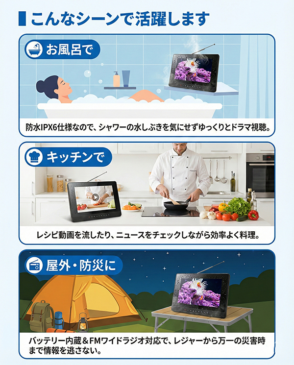 防水 ポータブルテレビ 9インチ フルセグ 録画機能付き IPX6 お風呂 キッチン 車載 屋外 どこでも 地デジ ワンセグ 自動切替 FMワイドラジオ 高画質 液晶 バッテリー内蔵 持ち運び 軽量 560g 防災 災害 避難所 TV 音楽 動画 写真 再生 AWT-90BK_1