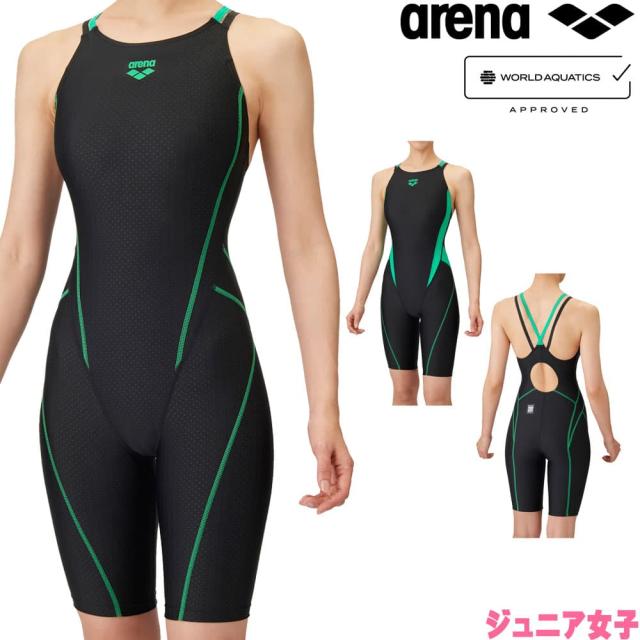 アリーナ ARENA 競泳水着 ジュニア女子 WA承認モデル レーシングワンピーススパッツ オープンバック ダブルストラップ ハーフレッグ オールインワン AQUA RACING ECO AQUA STRIPE-D AS5SRC53G fina マーク あり