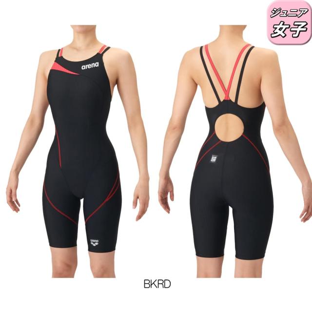 アリーナ ARENA 競泳水着 ジュニア女子 WA承認モデル AQUA RACING ECO AQUA STRIPE ダブルストラップ レーシングワンピーススパッツ オープンバック ハーフレッグ オールインワン 2026年春夏モデル AS6SRC56G fina マーク あり_1