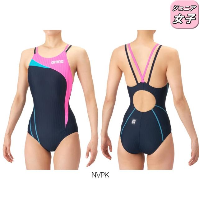 アリーナ ARENA 競泳水着 ジュニア女子 WA承認モデル AQUA RACING ECO AQUA STRIPE ダブルストラップ レーシングワンピース オープンバック 2026年春夏モデル AS6SRC57G fina マーク あり_4
