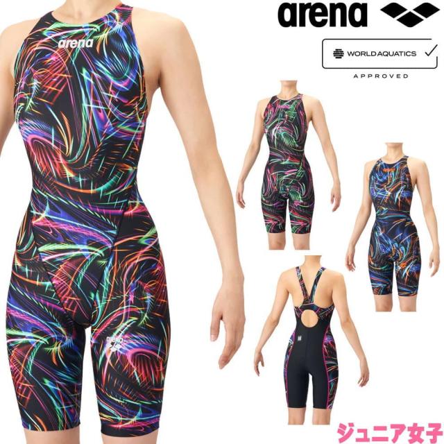 アリーナ ARENA 競泳水着 ジュニア女子 WA承認モデル AQUA RACING ECO AQUA STRIPE レーシングワンピーススパッツ オープンバック ハーフレッグ オールインワン 2026年春夏モデル AS6SRC76G fina マーク あり