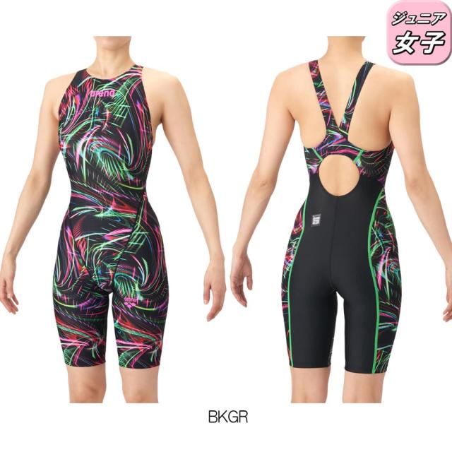 アリーナ ARENA 競泳水着 ジュニア女子 WA承認モデル AQUA RACING ECO AQUA STRIPE レーシングワンピーススパッツ オープンバック ハーフレッグ オールインワン 2026年春夏モデル AS6SRC76G fina マーク あり_2