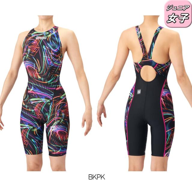 アリーナ ARENA 競泳水着 ジュニア女子 WA承認モデル AQUA RACING ECO AQUA STRIPE レーシングワンピーススパッツ オープンバック ハーフレッグ オールインワン 2026年春夏モデル AS6SRC76G fina マーク あり_1