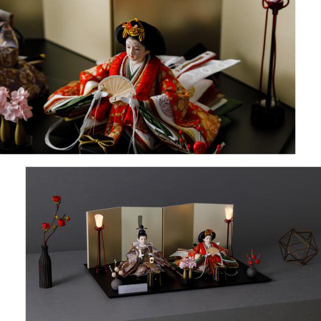 雛飾り　雛道具　雛人形　お雛様　屏風　親王台　貝桶　飾り台　御籠　御所車 雛人形 高級 PREFER CLASSIC[黒塗台 金屏風 平飾り お道具付 貝桶三方