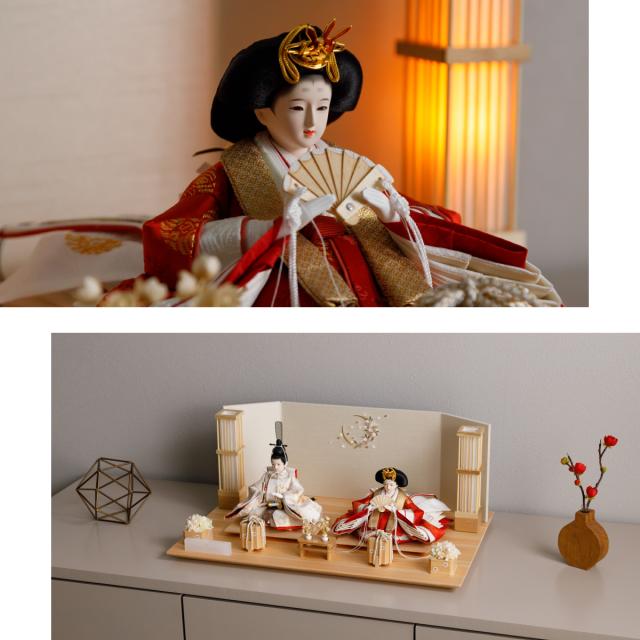 雛飾り　雛道具　雛人形　お雛様　屏風　親王台　貝桶　飾り台　御籠　御所車 雛人形 高級 PREFER CLASSIC [檜台 桜月刺繍屏風 平飾り お道具付 貝桶