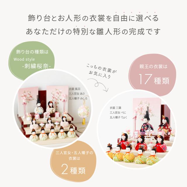 雛人形 コンパクト モダン 白 おしゃれ かわいい 雛 木目込み ぷりふあ Wood style -刺繍桜奈- 十人飾り 段飾り インテリア お雛様 おひなさま 木目込人形飾り 最新 今どき_17