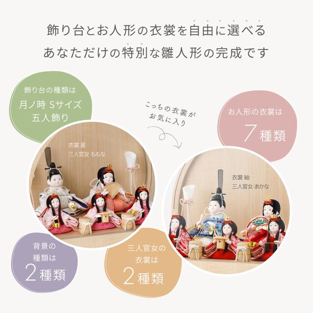 雛人形 ケース飾り コンパクト おしゃれ かわいい 今どき 雛 丸型 ぷりふあ 衣(ころも) 月ノ時 Sサイズ 五人飾り 節句 インテリア お雛様 おひなさま 最新 今どき 雛 モダン かわいい ひな人形