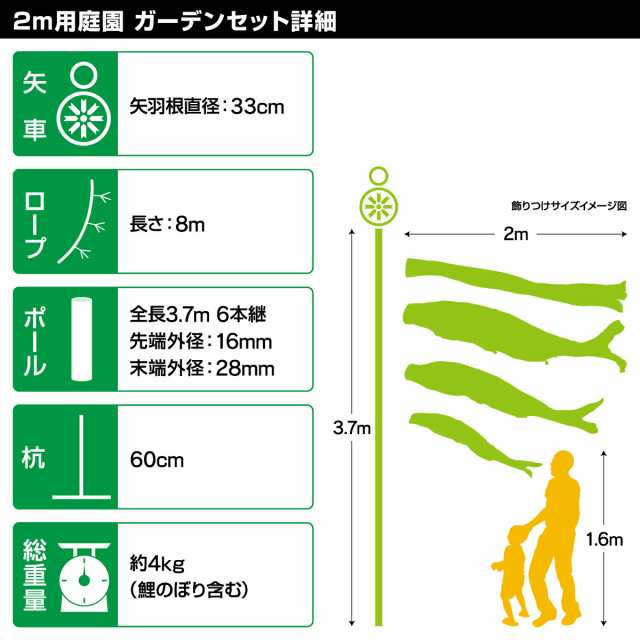 庭園用 こいのぼり 徳永鯉のぼり 晴れの国金太郎大翔 2m 6点セット 庭園用 ポール付属 ガーデンセット