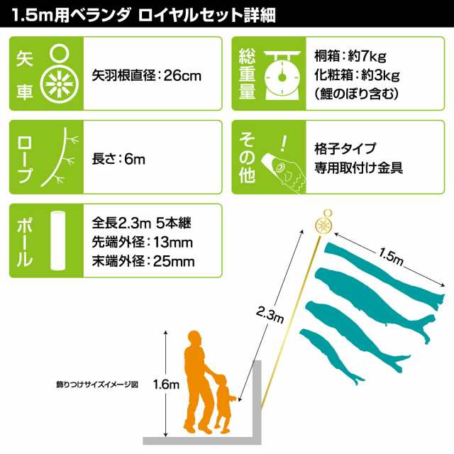 ベランダ用 こいのぼり 徳永鯉のぼり 吉兆 1.5m 6点セット 格子金具付属 ベランダ ロイヤルセット