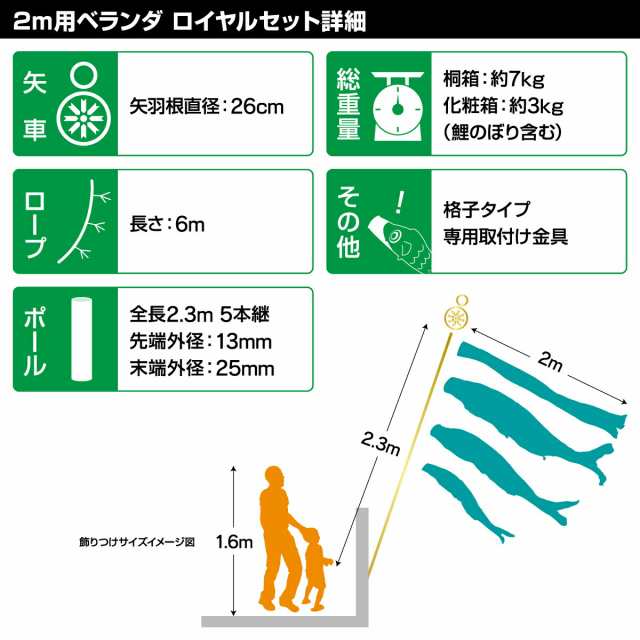 ベランダ用 こいのぼり 徳永鯉のぼり 風舞い 2m 6点セット 格子金具付属 ベランダ ロイヤルセットの通販は