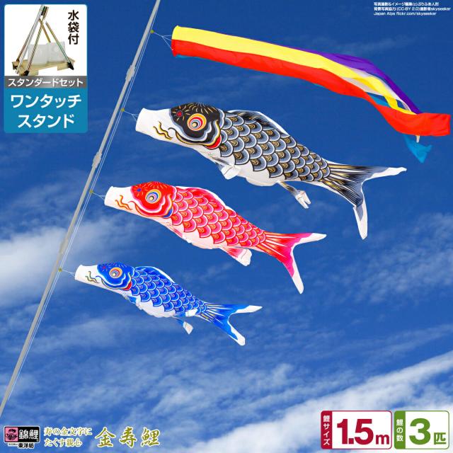 ベランダ用 こいのぼり 錦鯉 寿の金文字にたくす親心 金寿鯉 1.5m 6点セット ワンタッチスタンド付属 ベランダ スタンダードセット 日本鯉のぼり協会認定の通販は 26,950円