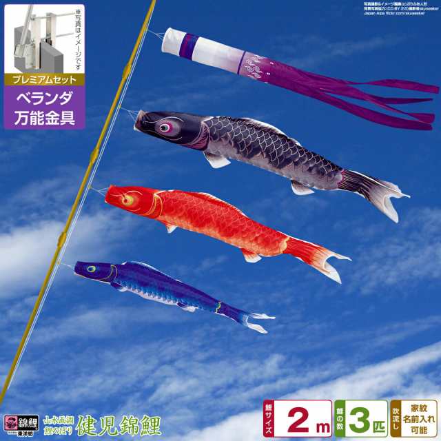 鯉のぼり ベランダ用 こいのぼり フジサン鯉 手描金吹雪鯉 2m 8点セット 格子金具付属 ベランダ スタンダードセット - 1