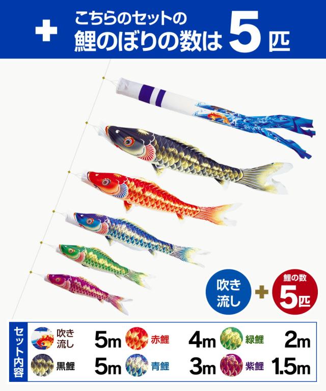 庭園用 こいのぼり 錦鯉 超撥水パールトーン採用 天華鯉 5m 8点セット 庭園 大型セット 【ポール 別売】 日本鯉のぼり協会認定