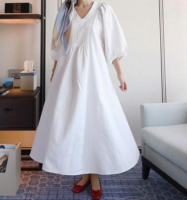ワンピース マキシ丈 Vネック Aライン 長袖 ふんわり バブルスリーブ 春夏 Mme3612の通販はau Pay マーケット ｄｒｅｓｓ ｂｉｒｄ