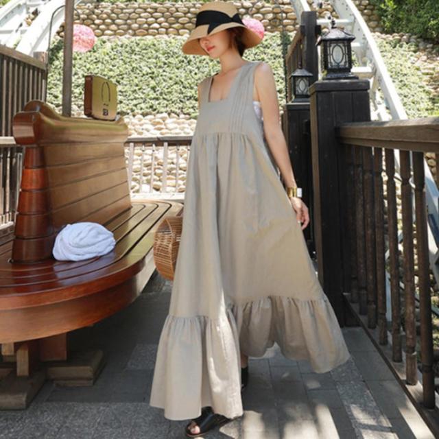 サロペットワンピース スクエアネック ワンピース ノースリーブ ティアードワンピース フレアワンピース ロング丈 マキシ丈 綿麻の通販はau Pay マーケット Sweet Peace