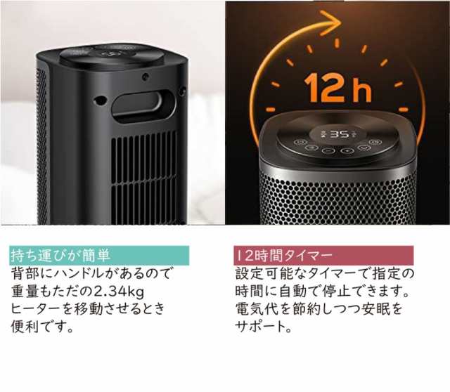 セラミックヒーター 電気ファンヒーター 2秒速暖　転倒自動オフ　12Hタイマー