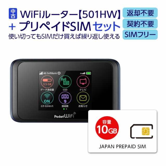 中古】 Wifi モバイルルーター SIMフリー 501HW 購入 ポケットwifi 中古 持ち運び 即日利用可能 ルーター 契約不要 wifiルーター  Huawei プリペイドsim 付き 10GB セット simカード 国内 日本 softbank ソフトバンク 在宅勤務 テレワーク  返却不要の通販はau PAY ...