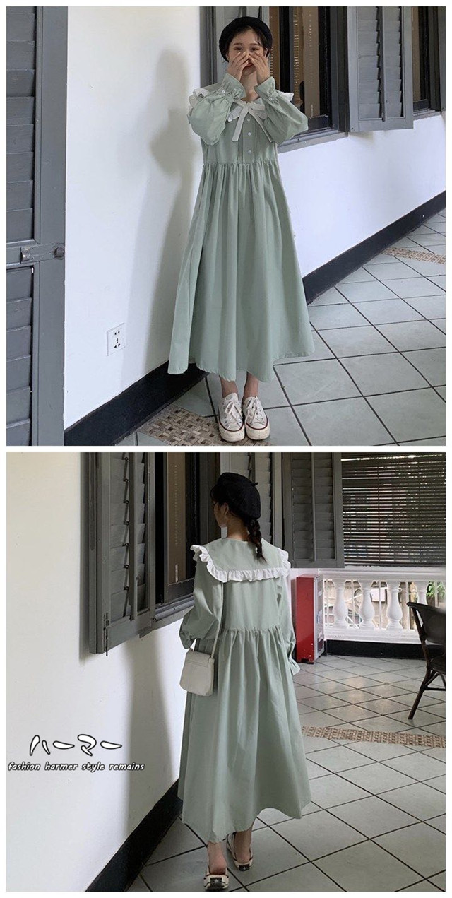 送料無料 秋新作 少女風 森ガール きれい 学生 原宿系 可愛い Aライン ワンピース 蝶結びリボン 無地 膝下丈 フリル ワンピの通販はau Pay マーケット ミニョン