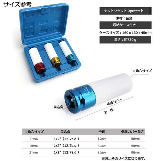 ホイールナット ソケット セット 17mm 19mm 21mm 保護カバー付き アルミホイールに インパクトレンチ対応 交換 締め 緩め レンチ  工具の通販はau PAY マーケット - 株式会社フェニックス