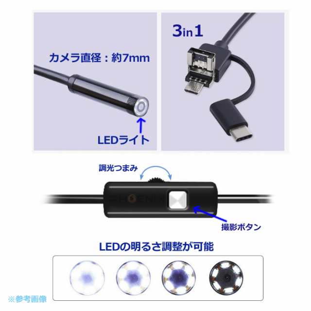 内視鏡 カメラ スマホ マイクロスコープ ファイバースコープ 1m Type-C USB microUSB LEDライト 防水 直径7mm  android Windows 対応の通販はau PAY マーケット - 株式会社フェニックス