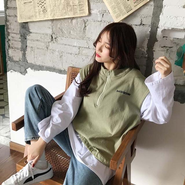 送料無料 ジッパーベストフェイクレイヤード ロングtシャツ フェイクtシャツ レディース 長袖 ベスト トップス Tシャツ カットソー 重ねの通販はau Pay マーケット フェリーチェ