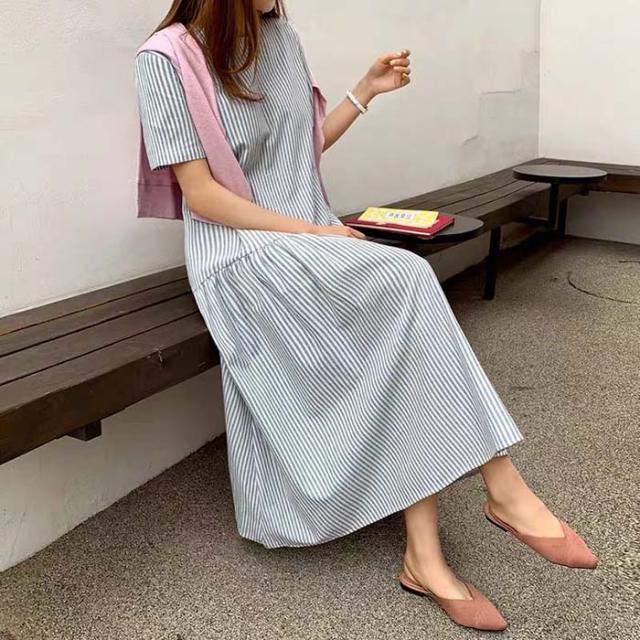 送料無料 ストライプ切り替えワンピース ミモレ丈 ストライプ ロング ワンピース レディース フレアーワンピース 切り替えの通販はau Pay マーケット フェリーチェ