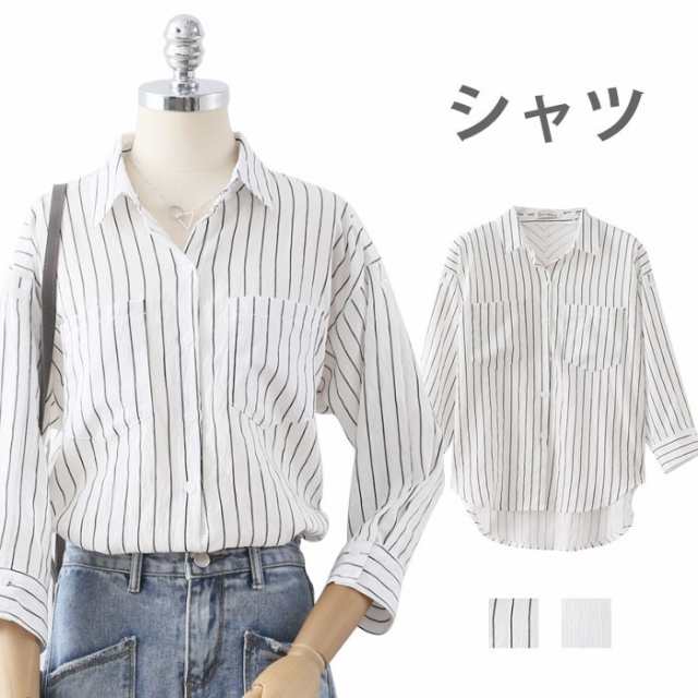 カジュアルシャツ レディース 柄シャツ シャツ ストライプ柄 七分袖 ゆったり ゆるシャツ バストポケット 薄手 お洒落 トップの通販はau Pay マーケット Makey