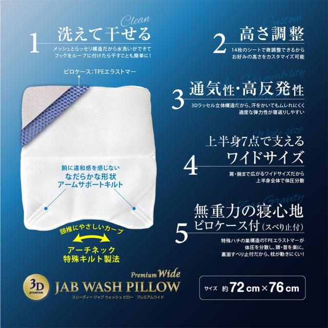 まくら いびき 高さ調整可 高反発 ピロー 通気性 3Dラッセル立体構造 枕 ワイド 72×76cm 滑り止め 水洗い JABWASH PILLOW_2