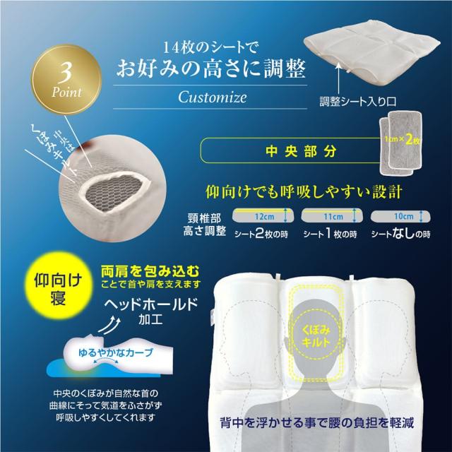 まくら いびき 高さ調整可 高反発 ピロー 通気性 3Dラッセル立体構造 枕 ワイド 72×76cm 滑り止め 水洗い JABWASH PILLOW_6