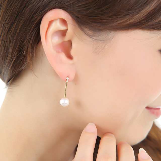 18金 K18 ピアス あこや真珠 8-8.5mm ダイヤモンド スティック バー ...