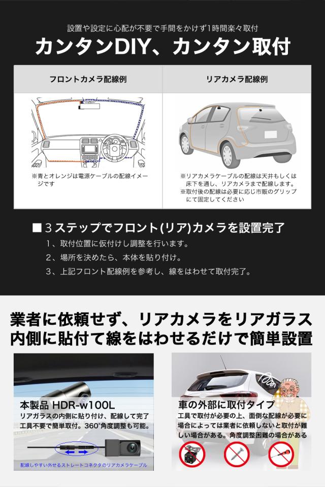 ＼OFFクーポン タイムセール／【着レビュープレゼント】 ドライブレコーダー 前後 2カメラ GPS 200万画素 フルHD高画質 SDカード 広角 常時 衝撃録画 電波干渉 対策 おすすめ 前後2カメラ 型番Hdr-w100L_11