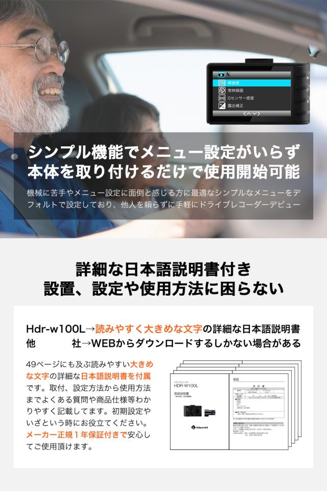 ＼OFFクーポン タイムセール／【着レビュープレゼント】 ドライブレコーダー 前後 2カメラ GPS 200万画素 フルHD高画質 SDカード 広角 常時 衝撃録画 電波干渉 対策 おすすめ 前後2カメラ 型番Hdr-w100L_9