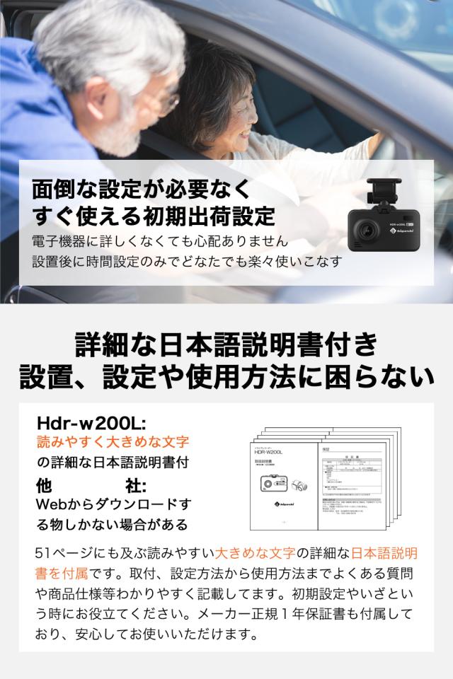 ＼在庫わずか OFFクーポン ／【ランキング1位 着レビュープレゼント】 ドライブレコーダー 前後2カメラ 前360万画素 後200万画素 ドラレコ フルHD 高画質 GPS搭載 WDR 駐車監視 対応 広角 ノイズ対策済 LED信号機対策 人気 簡単 取り付け 送料無料 型番HDR-w200L_8