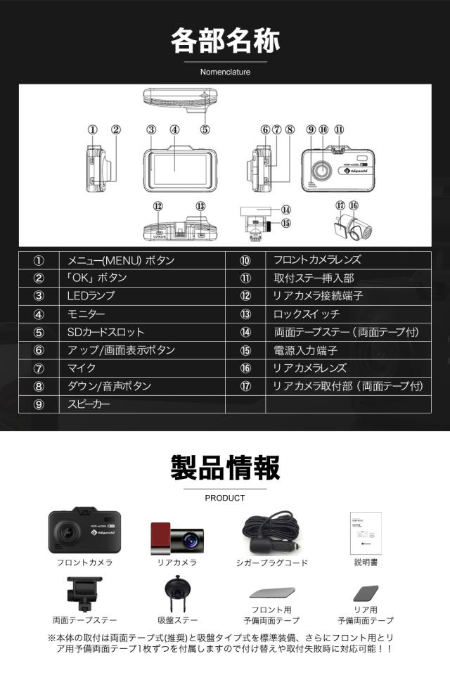＼在庫わずか OFFクーポン ／【ランキング1位 着レビュープレゼント】 ドライブレコーダー 前後2カメラ 前360万画素 後200万画素 ドラレコ フルHD 高画質 GPS搭載 WDR 駐車監視 対応 広角 ノイズ対策済 LED信号機対策 人気 簡単 取り付け 送料無料 型番HDR-w200L_15