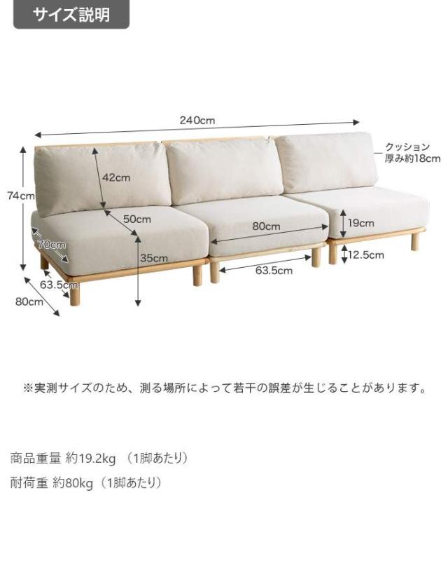 3人掛ソファー 布張り 肘無 幅240 ファブリックローソファ3脚 【3点