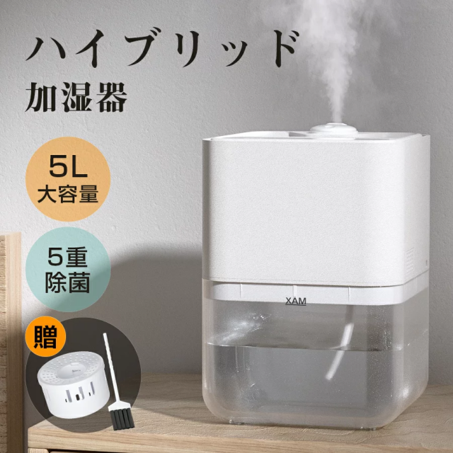 2023最新モデル加湿器ポンプ式 ハイブリッド加湿器 5L 61時間連続運転 超音波加湿器 微酸性電解水 カートリッジ除菌 銀イオン抗菌 温度設定 タイマー付き アロマ対応空焚き防止の通販は