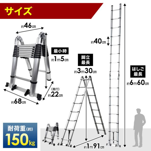はしご 脚立 伸縮 6.6m アルミ製 伸縮はしご 梯子 多機能 アルミはしご 最長 660cm 安全ロック 搭載モデル スーパーラダー すべりどめ_8