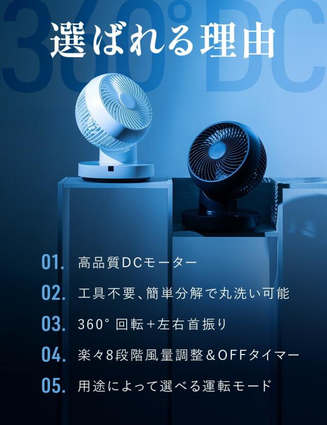 サーキュレーター【 360度 首振り 】扇風機 回転＋左右首振 dc