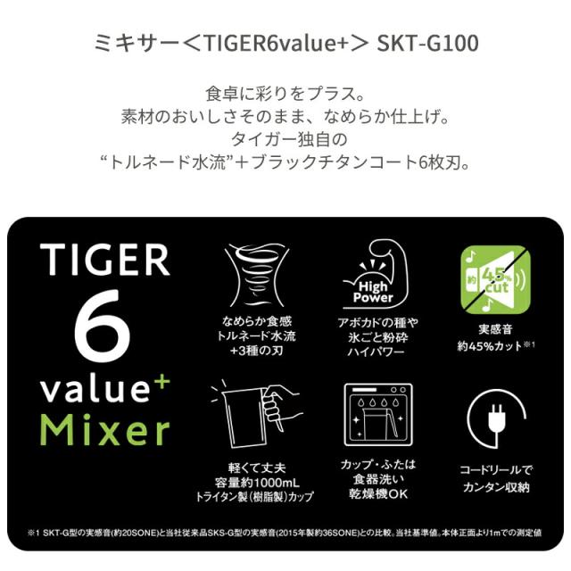 【 容量1L 】 タイガー魔法瓶 SKT-G100WS タイガー TIGER ミキサー SKT-G100 シルキーホワイト トライタン製 食洗器対応 食器洗い乾燥機対応 1000ml ブラックチタンコート 静か 静音 食洗機 軽量_1
