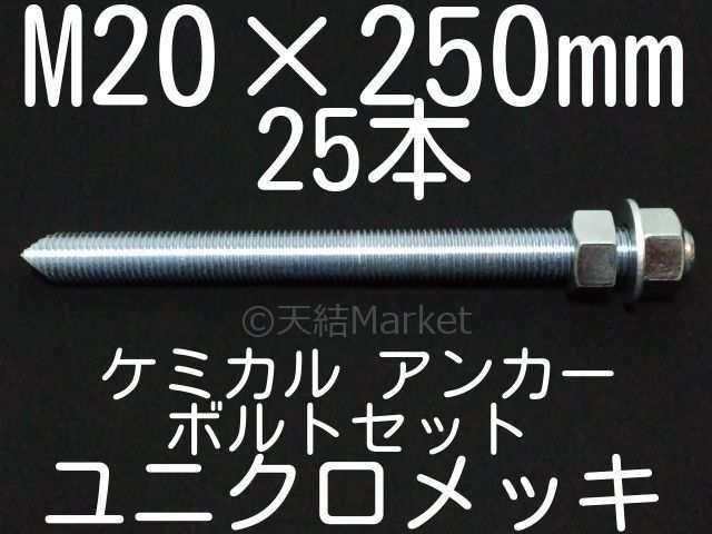 ケミカルボルト アンカーボルト ユニクロメッキ M20×250mm 25本 寸切ボルト1本 ナット2個 ワッシャー1個 Vカット「取寄せ品」