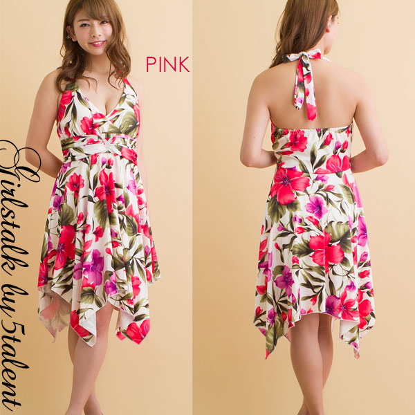 大きいサイズ対応 トロピカルハイビスカス柄 人気ギザギザふんわりフレア クロスバックルミディワンピ キャバドレス 結婚式 の通販はau Pay マーケット 5talent Online Shop