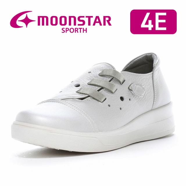 送料無料 ムーンスター スポルス レディース スニーカー SP9033 シルバー 長時間履いても快適　日本製コンフォートシューズ 天然皮革 国産 幅広4E ワイド設計 衝撃吸収 撥水 軽量 スリッポン 靴