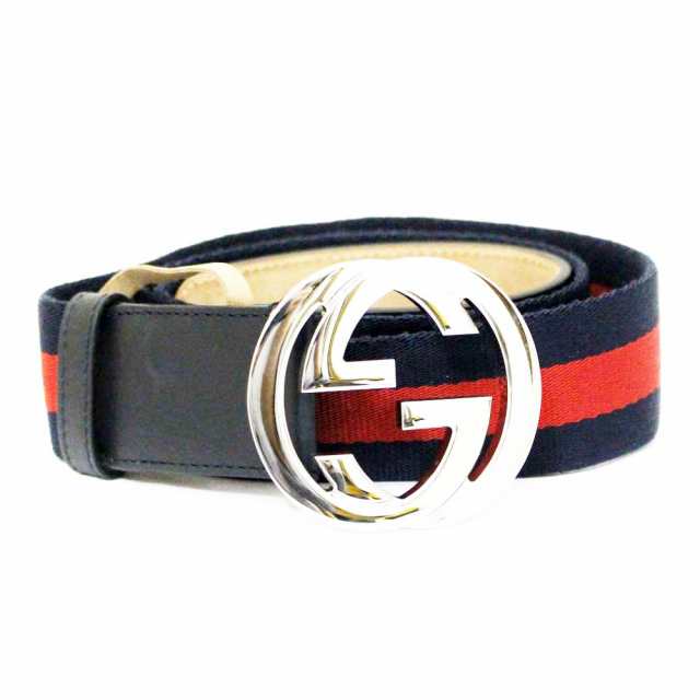 中古 美品 Gucci グッチ インターロッキング シェリーライン ベルト メンズ ネイビー レッド シルバー金具 キャンバス レザー 411の通販はau Pay マーケット ゴールドエコ