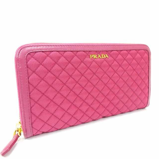 【中古】【美品】PRADA プラダ ラウンドファスナー キルティング 長財布 レディース ピンク ワインレッド ボルドー IBISCO刻印 ナイロン  ｜au PAY マーケット