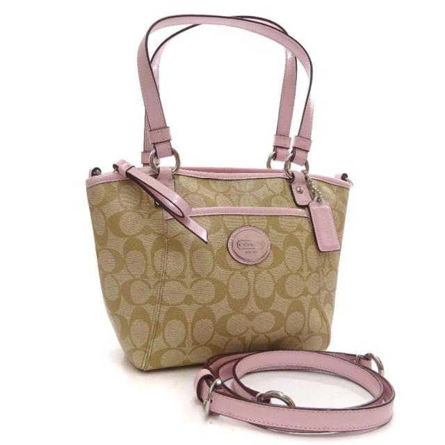中古 Coach コーチ ペイトン シグネチャー スモール トートバッグ レディース ベージュ ピンク Pvc レザー F097の通販はau Pay マーケット ゴールドエコ