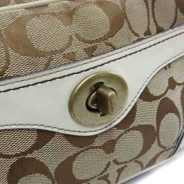 【中古】COACH コーチ シグネチャー ショルダーバッグ レディース ベージュ オフホワイト キャンバス レザー 10568