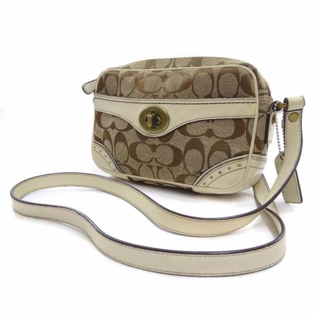 【中古】COACH コーチ シグネチャー ショルダーバッグ レディース ベージュ オフホワイト キャンバス レザー 10568