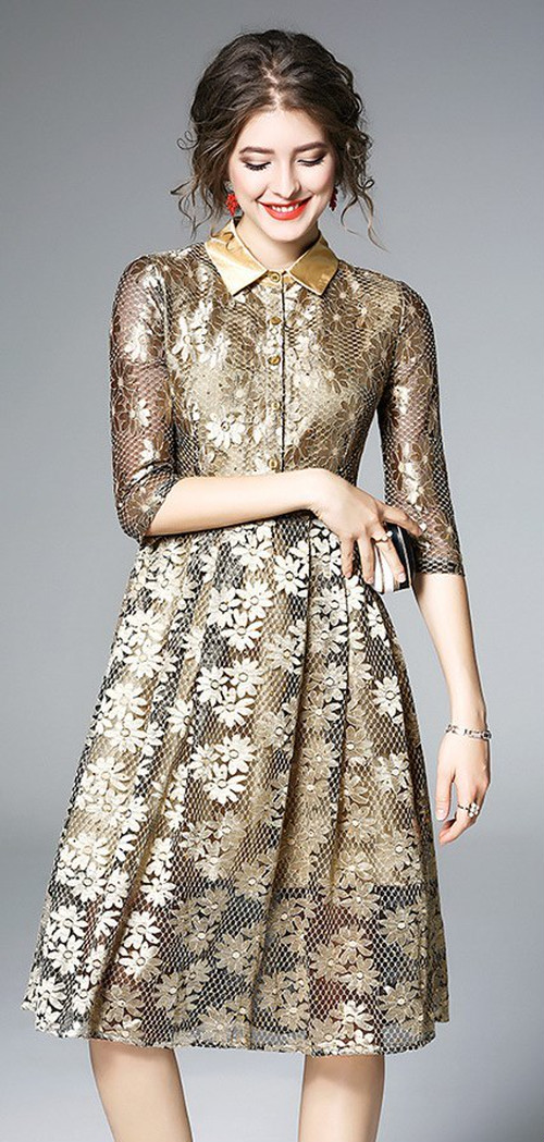 韓国 ワンピース ドレス レディース 花柄 アンティーク レース 袖あり フレア ミディアム Aライン 結婚式 二次会の通販はau Pay マーケット Fashionlover