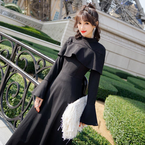 結婚式 ドレス お呼ばれ ワンピース 代 30代 ケープ風 モード調 ハイネック ベルスリーブ フレア ミディアム丈の通販はau Pay マーケット Fashionlover